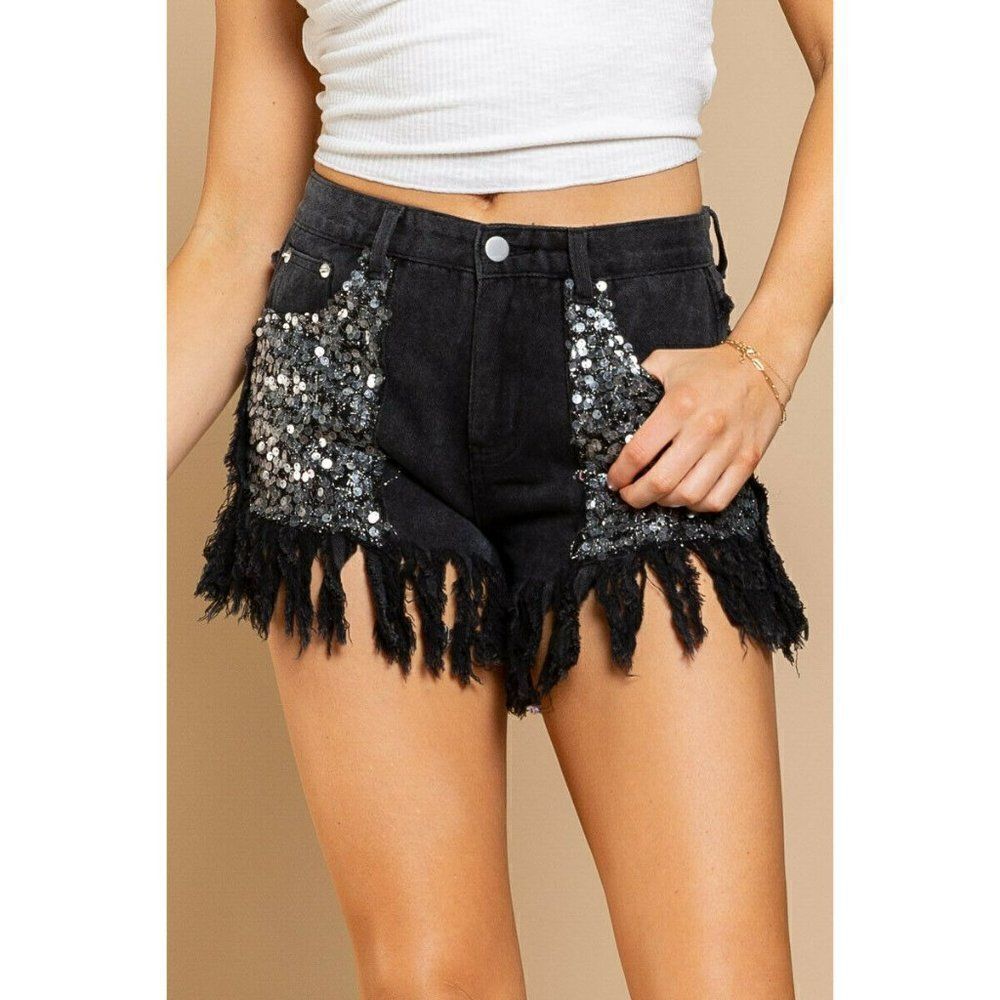 SALE! POL CLOTHING USA BLACK SPARKLY SEQUIN SHORTS FRINGE RAW HEM BEACH CUTE NEW